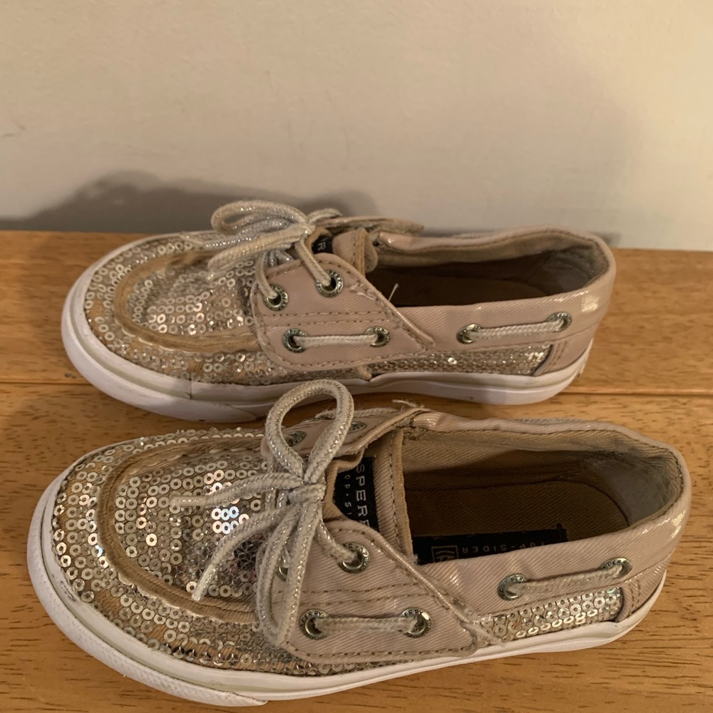 Sperry Bahama Jr Silver Top Sliders Velcro Gold Sequin Toddler Size 8.5M - Picture 6 of 8